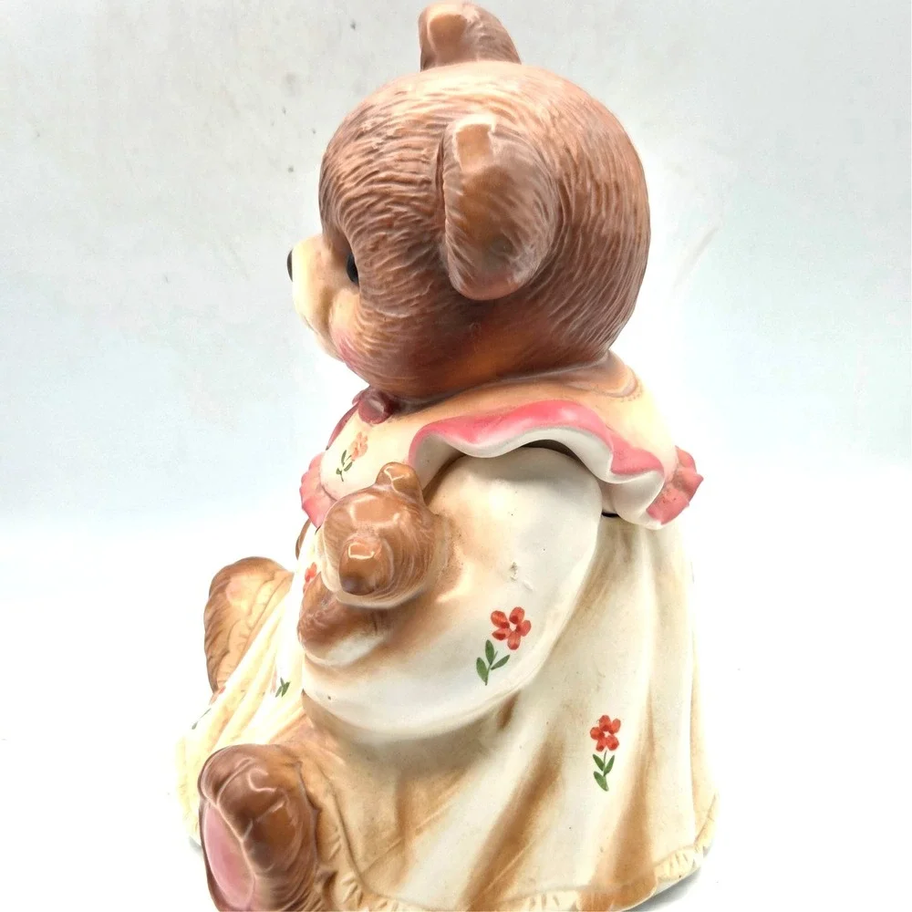 Mama Teddy Bear in Nightgown Cookie Jar Glass Eyes Holding Teddy Vintage 1980's